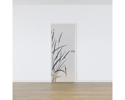 Porte intérieure avec décor d''herbes devant un mur blanc