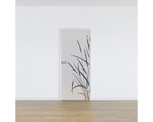 Porte en verre avec motif végétal dans une pièce lumineuse