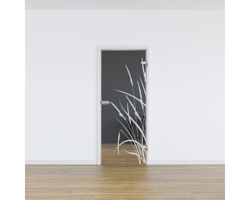 Porte intérieure en verre avec décor d''herbes dans une pièce