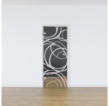Porte en verre avec motif de cercles dans une pièce moderne