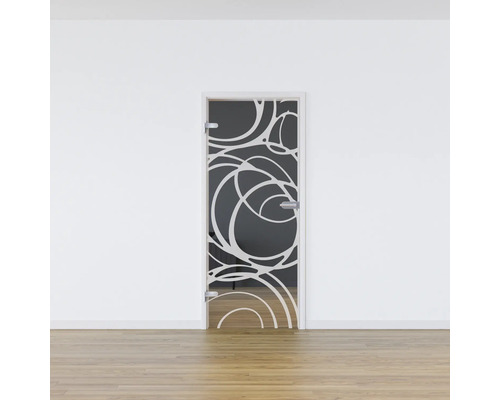 Porte en verre avec motif de cercles dans une pièce moderne
