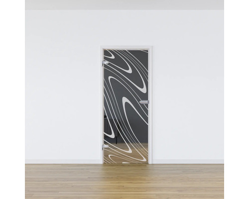 Porte en verre avec motifs abstraits dans une pièce lumineuse
