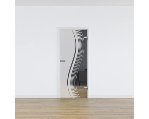 Porte en verre avec motif ondulé dans une pièce lumineuse