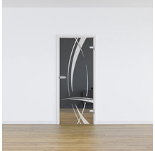Porte en verre avec motif abstrait dans un cadre blanc