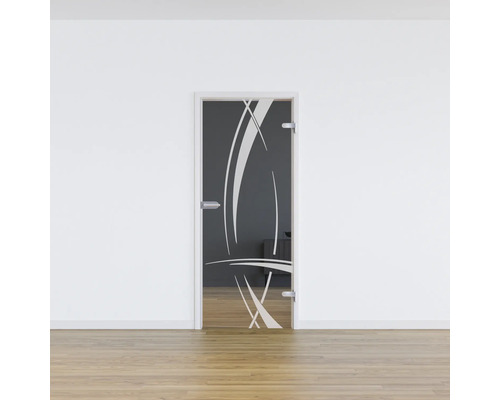 Porte en verre avec motif abstrait dans un cadre blanc