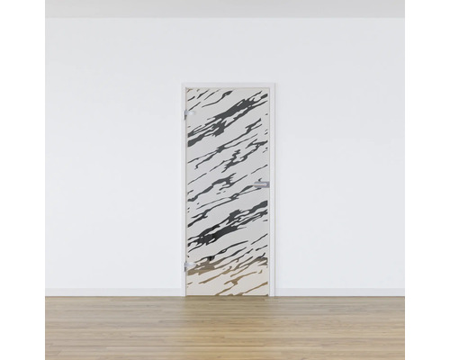 Porte en verre avec décor abstrait devant un mur blanc