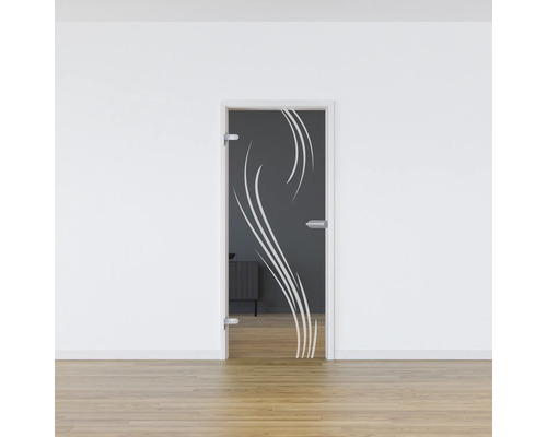 Porte intérieure en verre avec motif à rayures dans une pièce lumineuse