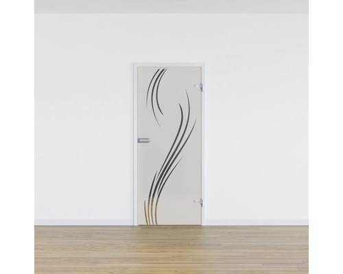 Glastür mit Dekor vor einer weißen Wand