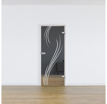 Porte en verre avec décor blanc dans une pièce lumineuse