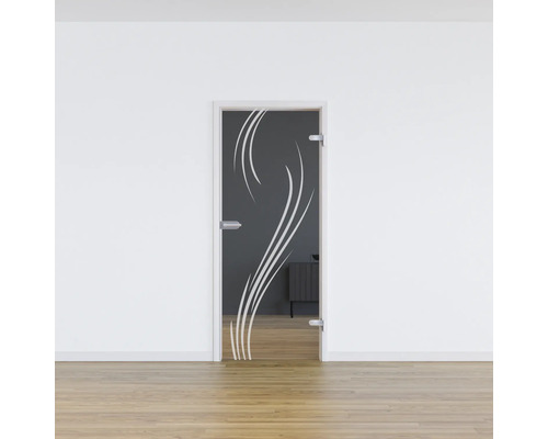 Porte en verre avec décor blanc dans une pièce lumineuse