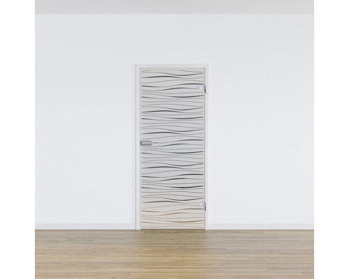 Glastür mit Wellenmuster in einem hellen Raum.