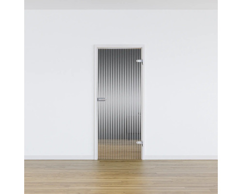 Porte intérieure avec remplissage en verre et rayures verticales dans une pièce lumineuse.