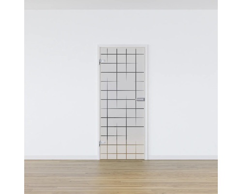 Porte intérieure en verre avec motif rectangulaire et ferrures