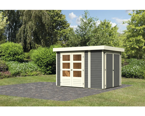 Abri de jardin Karibu Karola 2 avec armoire modulaire 284 x 213 cm gris terre