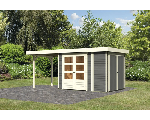 Abri de jardin Karibu Karola 2 avec toit en appentis 2,4 m et armoire modulaire 510 x 217 cm gris terre