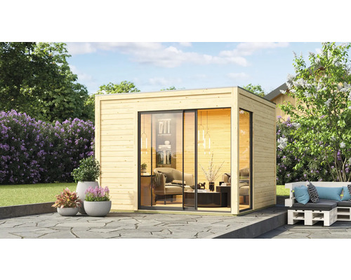 Abri de jardin Karibu Diko 1 38 mm avec plancher 308 x 308 cm naturel Maison de jardin moderne avec façade en verre et revêtement en bois à l''extérieur.
