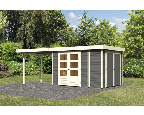 Abri de jardin Karibu Karola 4 avec toit en appentis 2,8 m et armoire modulaire 574 x 246 cm gris terre