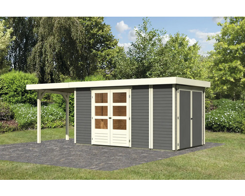 Abri de jardin Karibu Karola 5 avec toit en appentis 2,4 m et armoire modulaire 599 x 217 cm gris terre