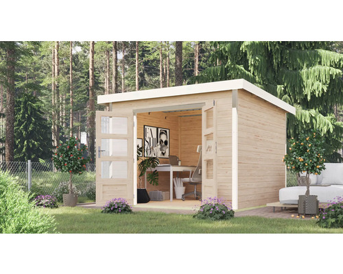 Gartenhaus Karibu Metalwood 2A Blech weiß 271 x 271 cm natur Holzgartenhaus mit Flügeltüren und Büroeinrichtung im Garten