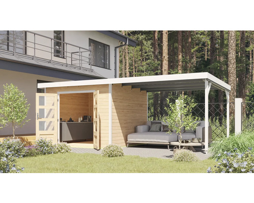 Abri de jardin Karibu Metalwood 2A tôle blanc avec extension de toit 567 x 271 cm nature