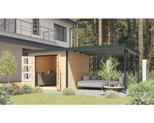 Abri de jardin Karibu Metalwood 2A tôle anthracite avec extension de toit 567 x 271 cm nature