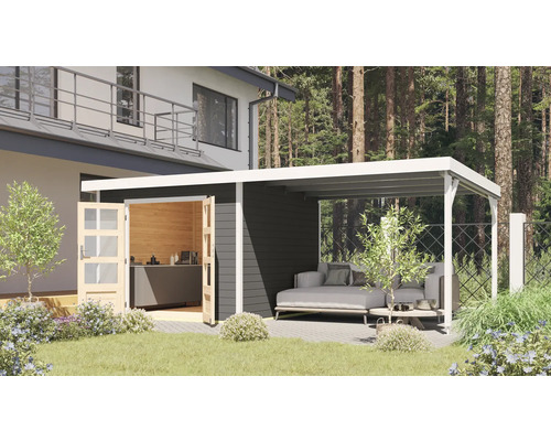 Abri de jardin Karibu Metalwood 2B tôle blanc avec extension de toit 567 x 271 cm gris terre