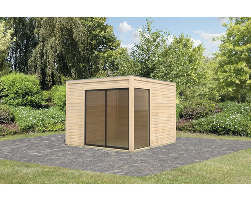 Abri de jardin moderne avec portes coulissantes en bois