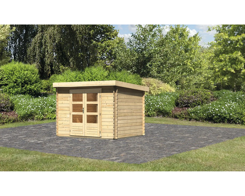 Jardin avec abri de jardin en bois avec double porte