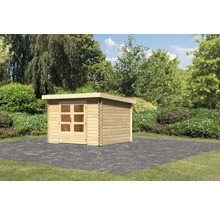 Jardin avec abri de jardin en bois et toit végétalisé