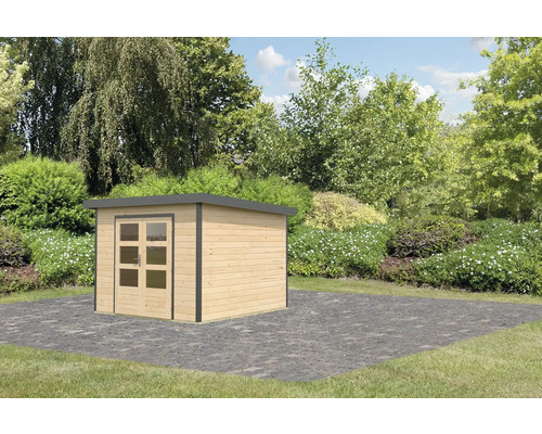 Abri de jardin en bois avec double porte et toit plat dans le jardin