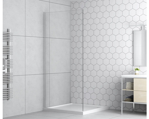 Helles Badezimmer mit Duschkabine, Waschtisch und Heizkörper