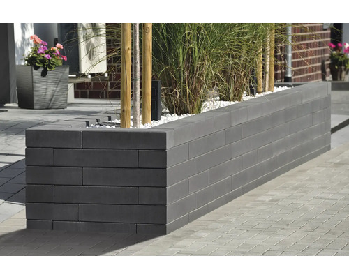 Long bac à plantes maçonné en blocs de béton avec plantes