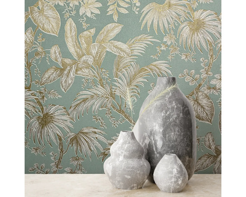 Papier peint à motif jungle avec trois vases gris
