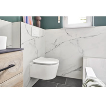 Salle de bain moderne avec WC suspendu, lavabo et revêtement mural en marbre