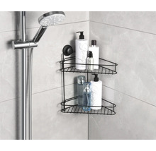 Étagère d''angle à deux niveaux avec fixation à ventouse dans la salle de bain.