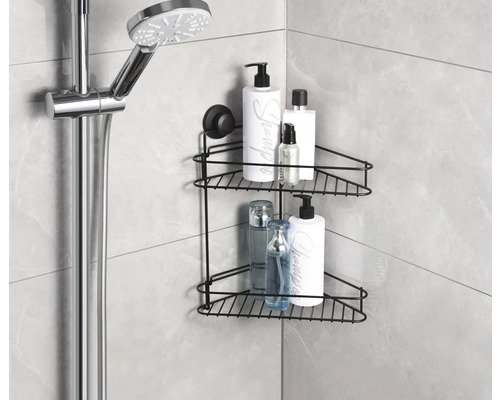 Étagère d''angle à deux niveaux avec fixation à ventouse dans la salle de bain.