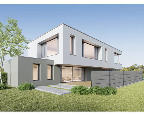 Maison moderne avec grand jardin et clôture