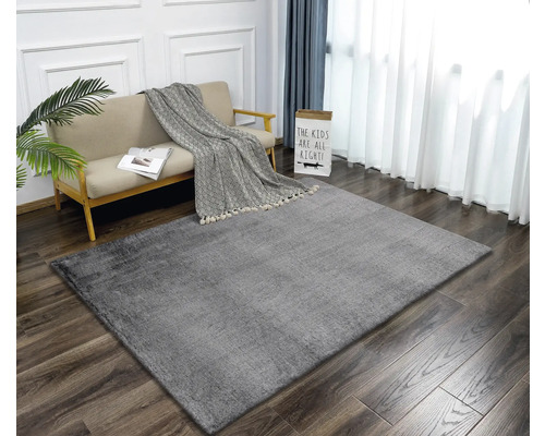 Tapis gris dans un salon avec canapé et rideaux