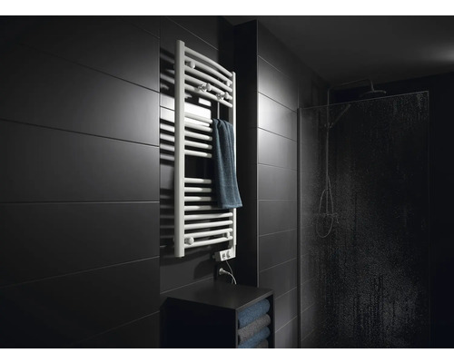 Salle de bains avec sèche-serviettes, serviette et douche