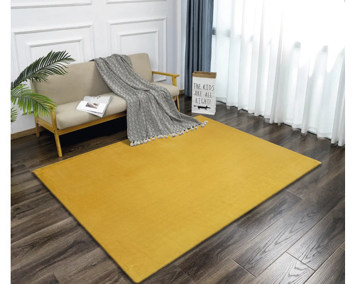 Tapis jaune dans un salon avec canapé et décoration