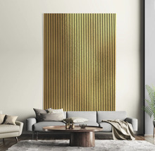 Salon avec panneau acoustique en bois au mur