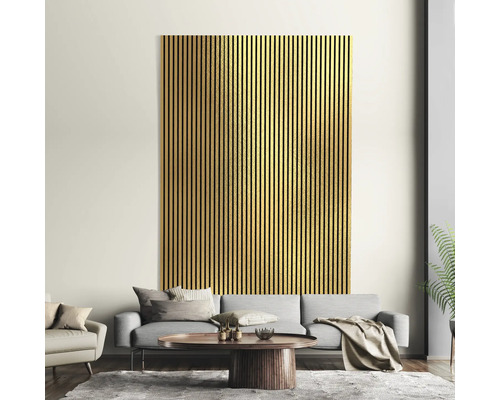 Salon avec panneau acoustique en bois au mur