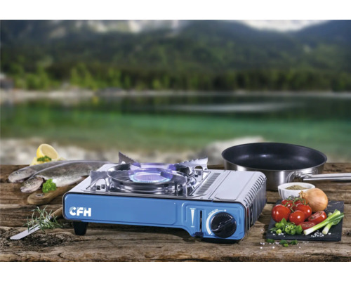 CFH Gaskocher mit frischem Fisch, Gemüse und Pfanne auf Holztisch vor Bergkulisse