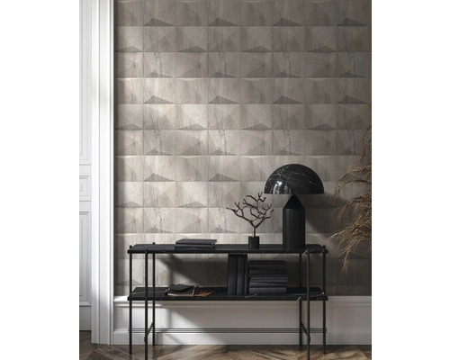 Dekorative Wand mit geometrischem 3D-Effekt und Holzoptik im Wohnraum