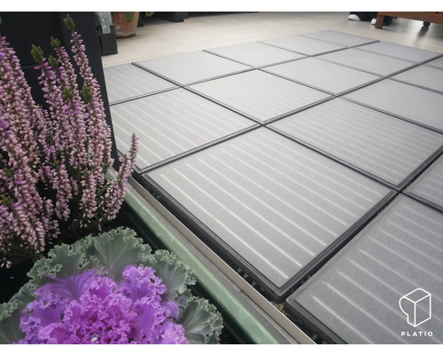 Bodenfläche mit grauen Terrassenplatten und Pflanzen