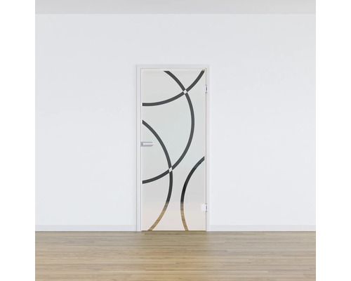 Porte intérieure en verre avec motif graphique devant un mur blanc