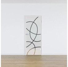 Porte en verre avec motif circulaire devant un mur blanc