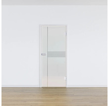 Porte en verre avec lignes horizontales dans une pièce lumineuse.