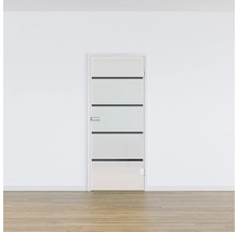 Zimmertür mit Lichtausschnitt und horizontalen Zierlinien in einer hellen Wohnung.