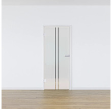 Porte en verre avec deux bandes verticales et poignée en métal dans une pièce lumineuse